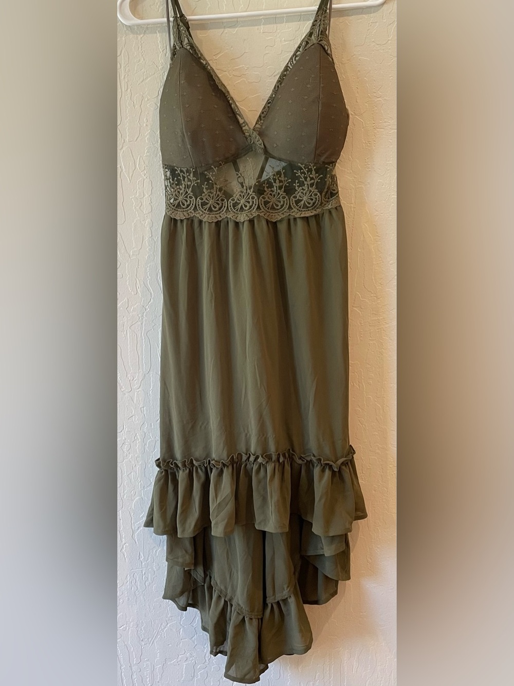 Olive Lace-Trim High-Low Midi Dress with Ruffle Hem